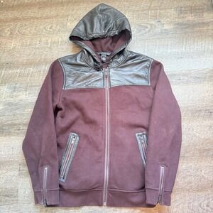 Marc by Marc Jacobs Leather Yoke Zip Hoodie Size L Burgundy Mixed Media Jacket
